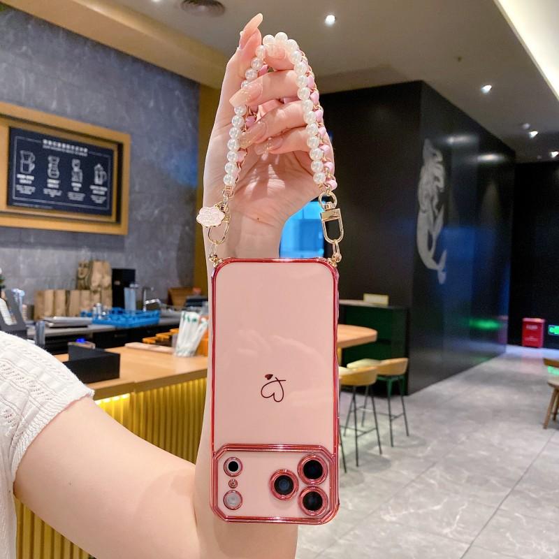 Pearl Strap Case For iPhone 17 Pro Max 16 14 13 15 Plus Air Plating Love Camera Protector Shockproof Soft Metal Lanyard Cover