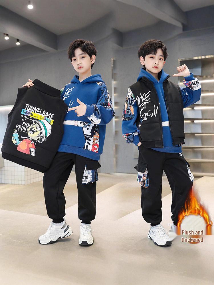 2025 Modny chłopięcy zimowy zestaw bluz dresowych z podszewką z polaru - Ciepły, gruby, stylowy trzyczęściowy zestaw dla chłopców