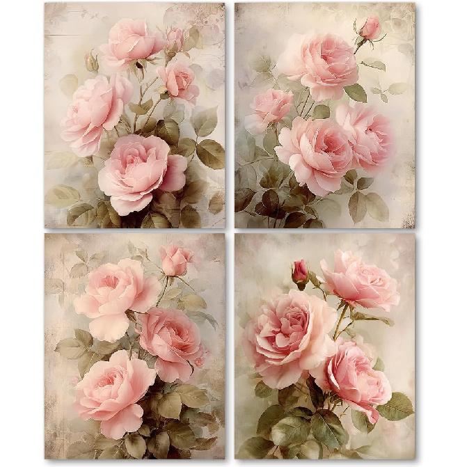 laveliabel Vintage Pink Rose Wall Art Prints Set of 4 Unframed, Floral Wall Decor, Shabby Chic Pink Floral Botanical Poster Prints for Cottagecore
