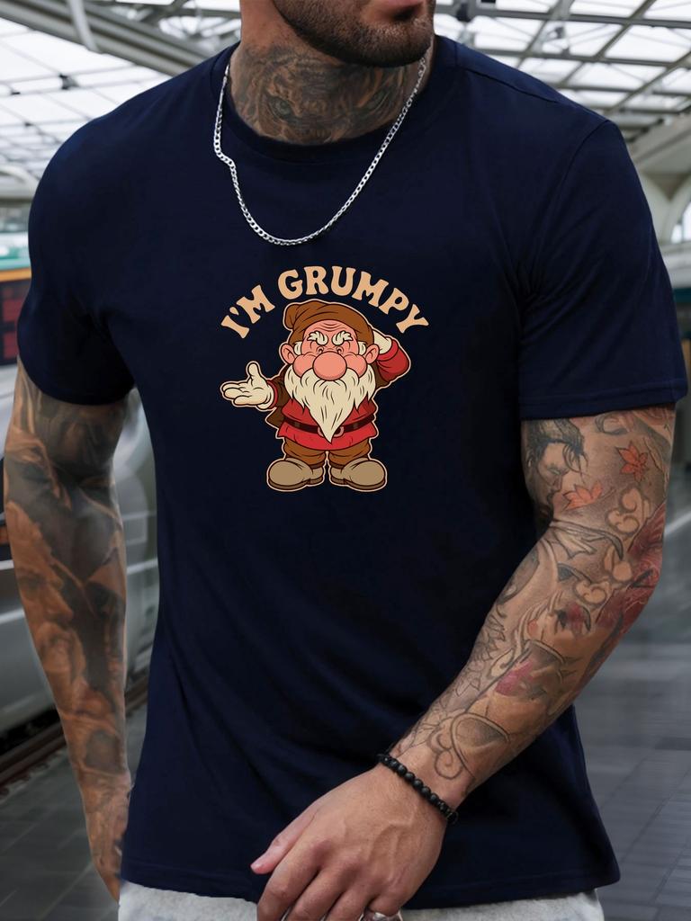 Grumpy Dwarf Cartoon Letter Print Unisexs Crew Neck Short Sleeve Tee Soft Casual Summer Top For Unisex Daily Street Basic Outfit Wear