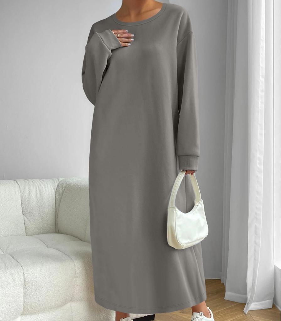 2025 Autumn/Winter Casual High-End Long-Sleeved Solid Color Round Neck Sweatshirt Dress