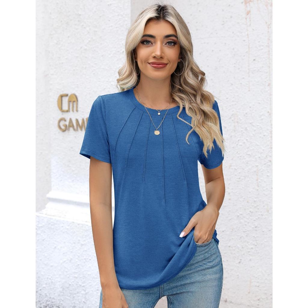 Damen gerafftes Rundhals-Kurzarm-T-Shirt Top, Beliebte lässige Mode-T-Shirts für Damen, Grenzüberschreitende Damenbekleidung für Europa und Amerika