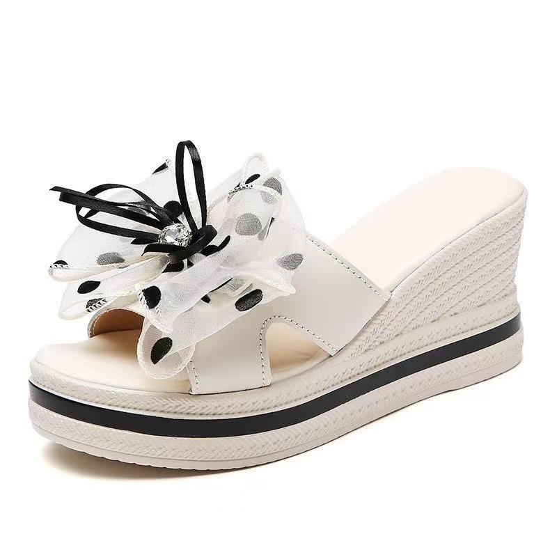 Flower cool slippers women's high heels slippers summer new casual versatile outer wear thick bottom wedge heel one-word drag