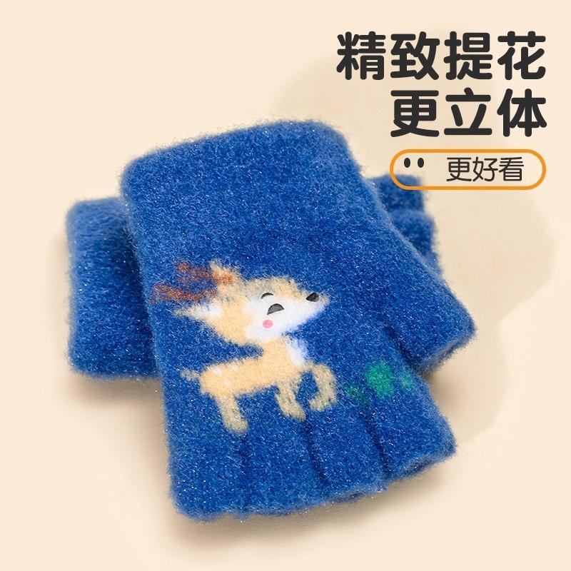 -Chłopiec i dziewczynka w wieku X lat jesień i zima rękawiczki dziecięce z dzianiny z połową palców, pogrubione, ciepłe, odporne na zimno, z uroczym kreskówkowym jelonkiem