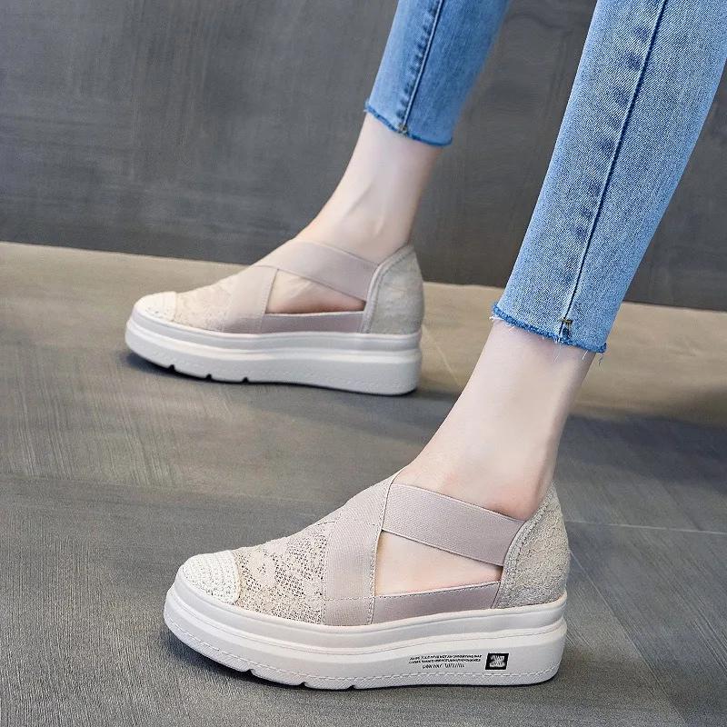 Fashion 7cm Air Mesh Platform Wedge Flats Lace Breathable Comfy High Brand Summer Spring Fashion Chunky Sneaker Autumn Casual Shoes