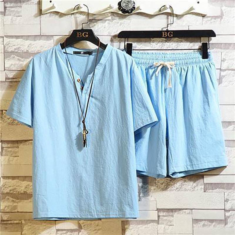 

Летний мужской классический модный костюм из хлопка и льна, состоящий из двух частей, для отдыха, свободный, удобный, большого размера XXXXXL небесно-голубой