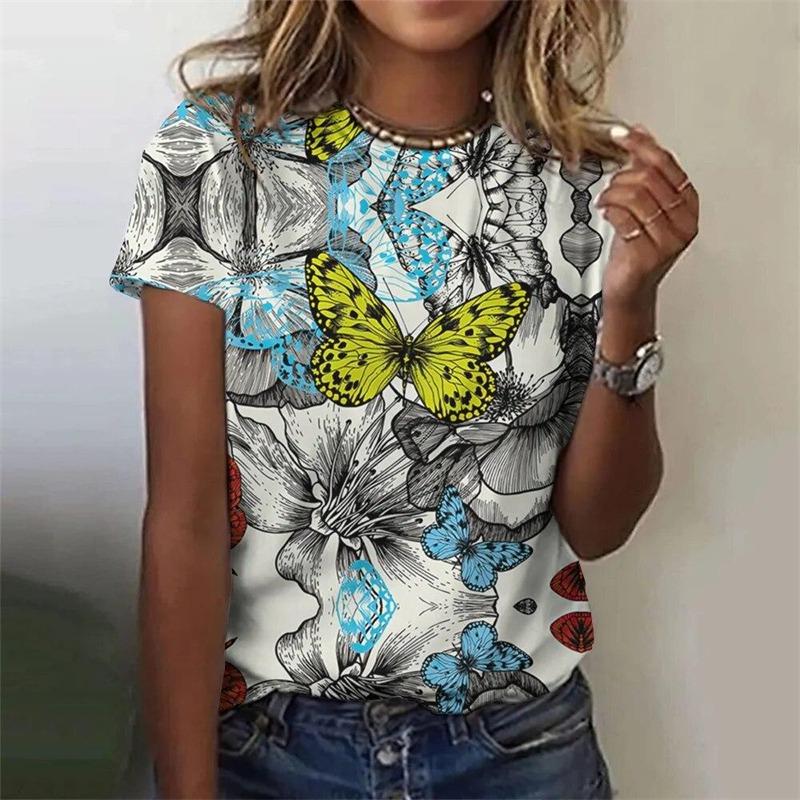 Zomer Casual Vintage Dames T-shirts Dames 3D Print Vlinder Ronde Hals T-shirt Dames Mode Los Kort Gebreide Mouw