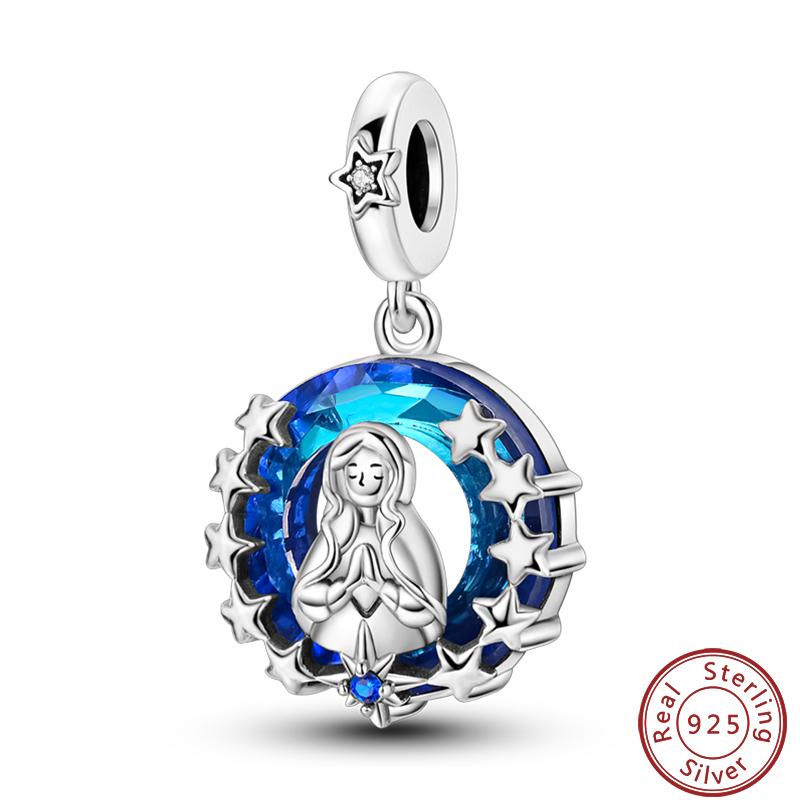 925 Silver Virgin Mary Deep Blue Golden Goddess Beautiful Blessing Charms Beads 3mm DIY Fine Jewelry Making