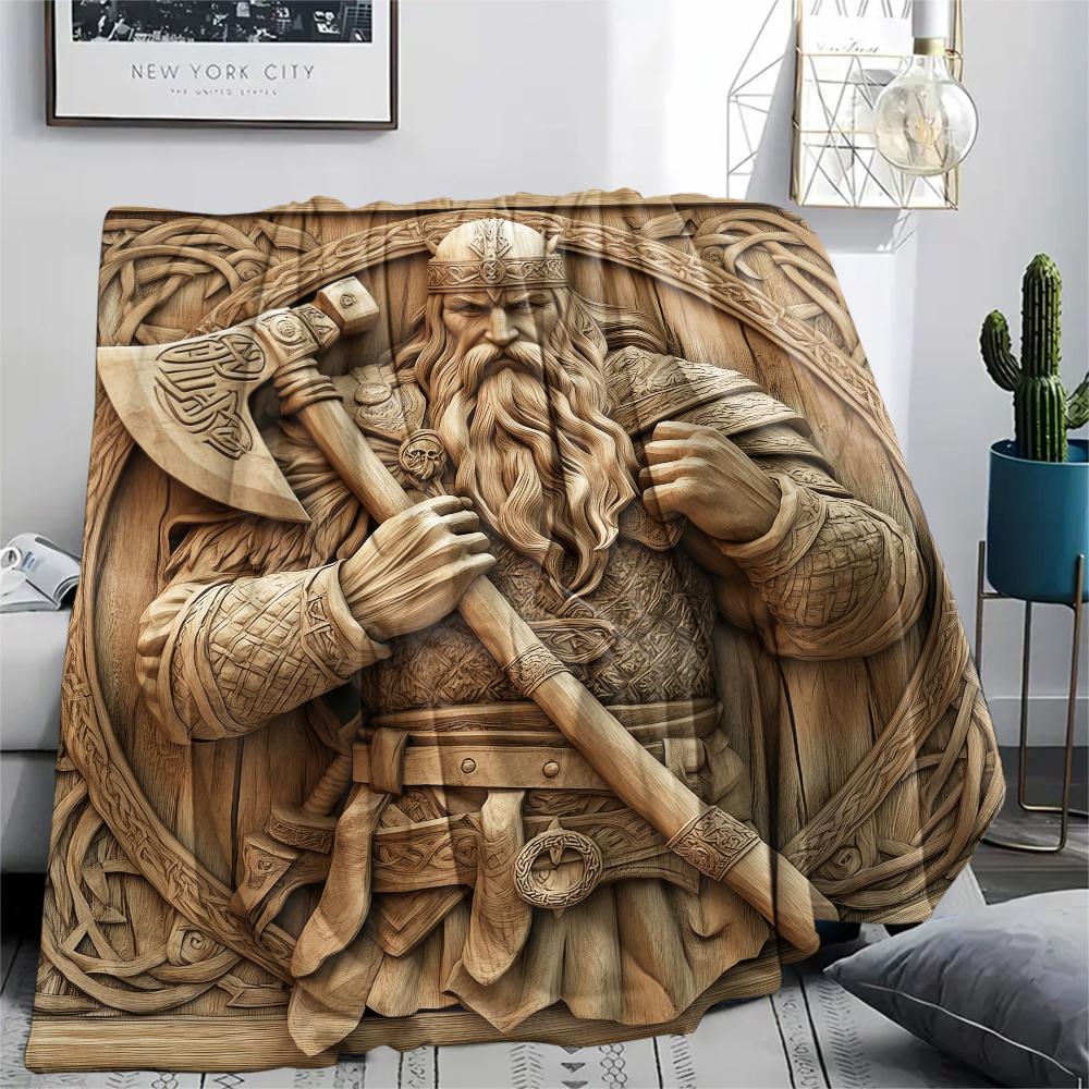 Viking Warrior Pattern Flannel Blanket, High Quality Comfortable for All Seasons, Home Decor, Warmth and Comfort, Perfect for Gifts.