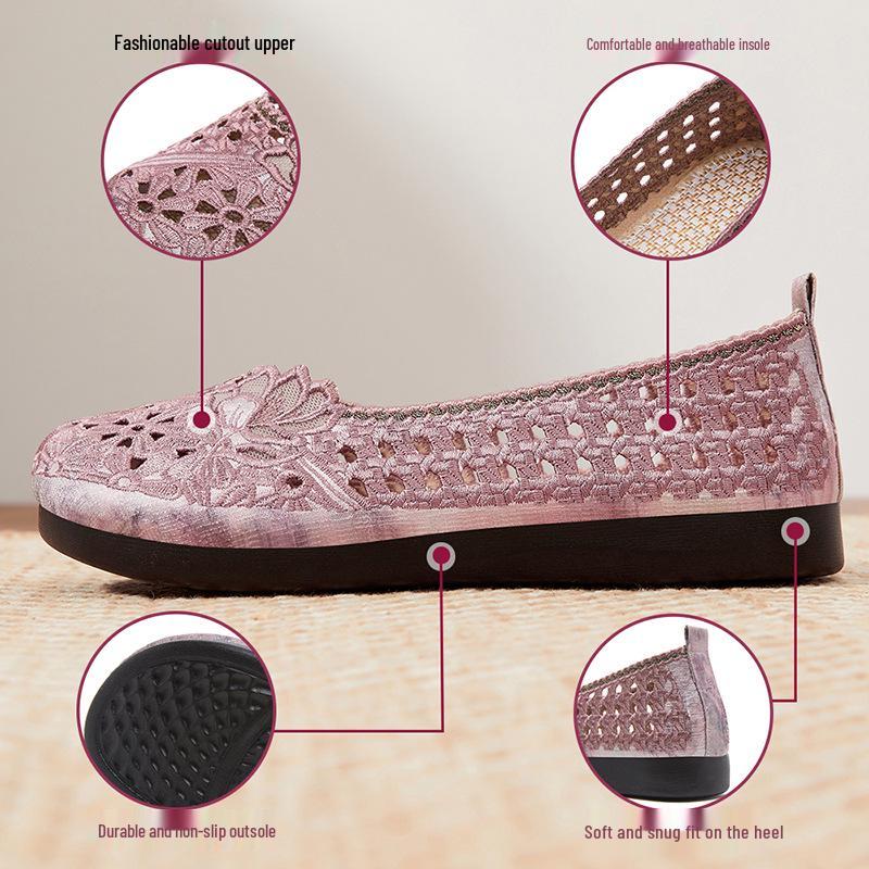 Women's Soft Sole Embroidered Hanfu Summer Shoes - Breathable Ethnic Style Old Beijing Cloth Mom Shoes.