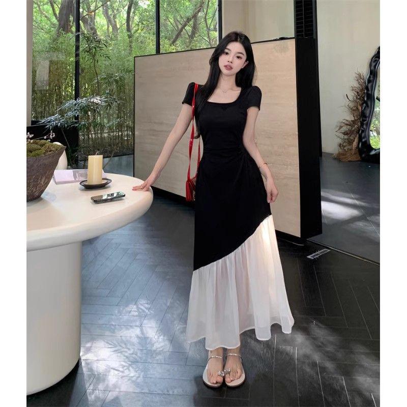 Plus Size Hepburn Style Color Block Summer Dress - Short Sleeve, Waist Slimming, Patchwork Design.