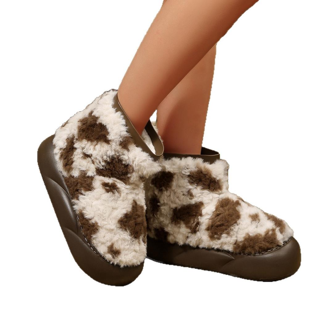 Fashion Cow Fur Snow Boots Women Winter New Cute Furry Thick Bottom Casual Padded Slipper Thickened Warm Comfortable Female Cotton Shoes