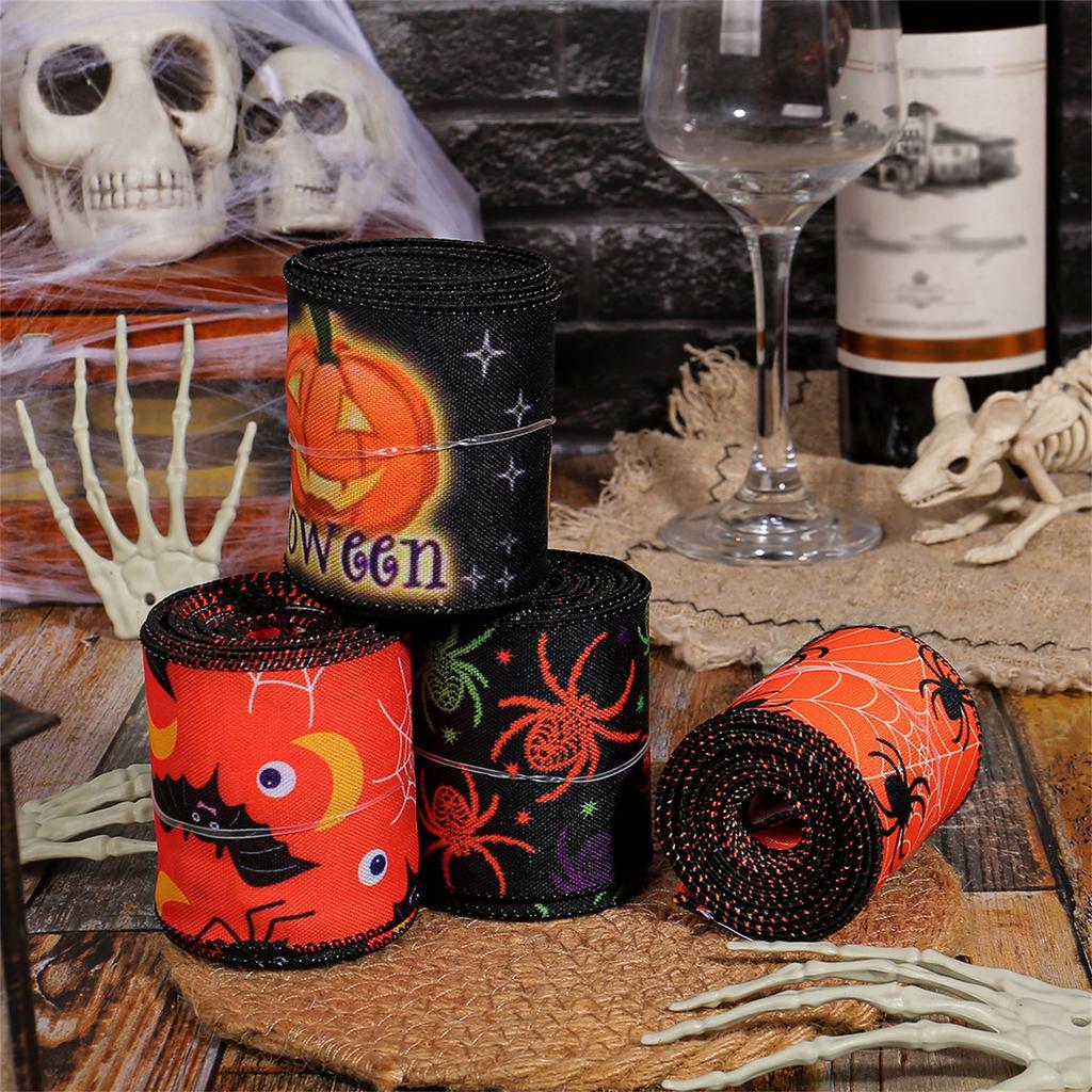 Halloween Printed Ribbons 450cm Lenth Bat Spider Printed Grosgrain Satin Ribbons For Bows DIY Craft Decor Packaging Supplies