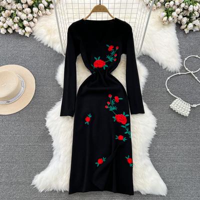 Autumn Women Vintage Rose Embroidery V-neck Knitted Sweater Split Sheath Dresses