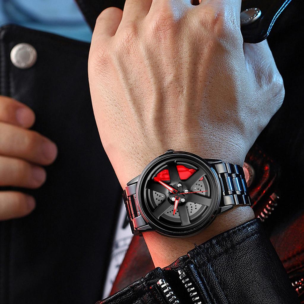 Sports Car Watch Rotating Dial Stainless Steel Strap 3Bar Waterproof Quartz Movement Watches