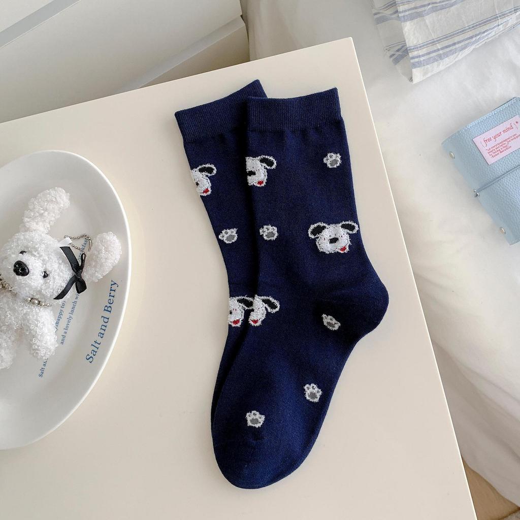 Socks Girls Autumn Cute Dog Healing Striped Mid-Tube Socks Piled Up Socks Preppy Style Long Socks