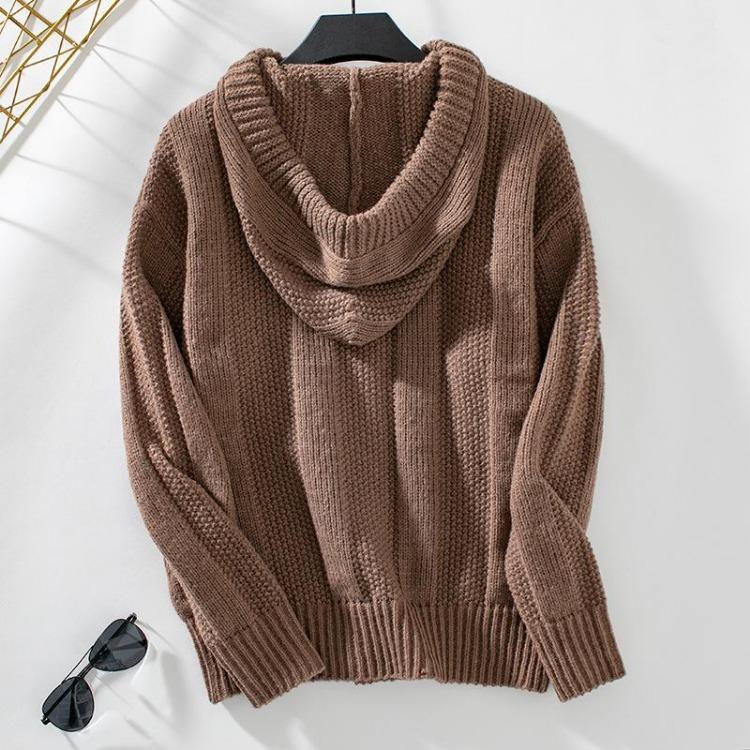 Vintage Hooded Pullover Sweater Solid Color V-Neck Knitwear Top Loose Long Sleeve Autumn Winter