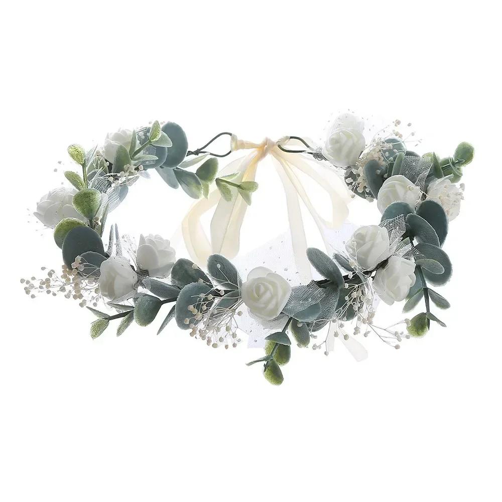 Bohemian Festival Wedding Flower Crown Photo Props Rose Green Leaf Floral Headpiece Hair Wreath Spring