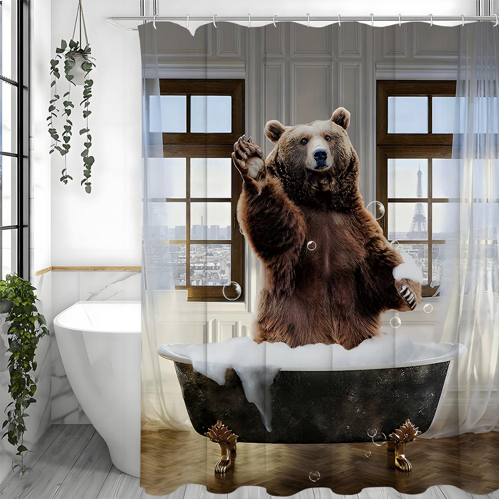 Brown Bear Standing In Bathtub Saying Hello Fun Shower Curtain, Bathroom Decorative Shower Curtain, Waterproof Shower Curtain Wi