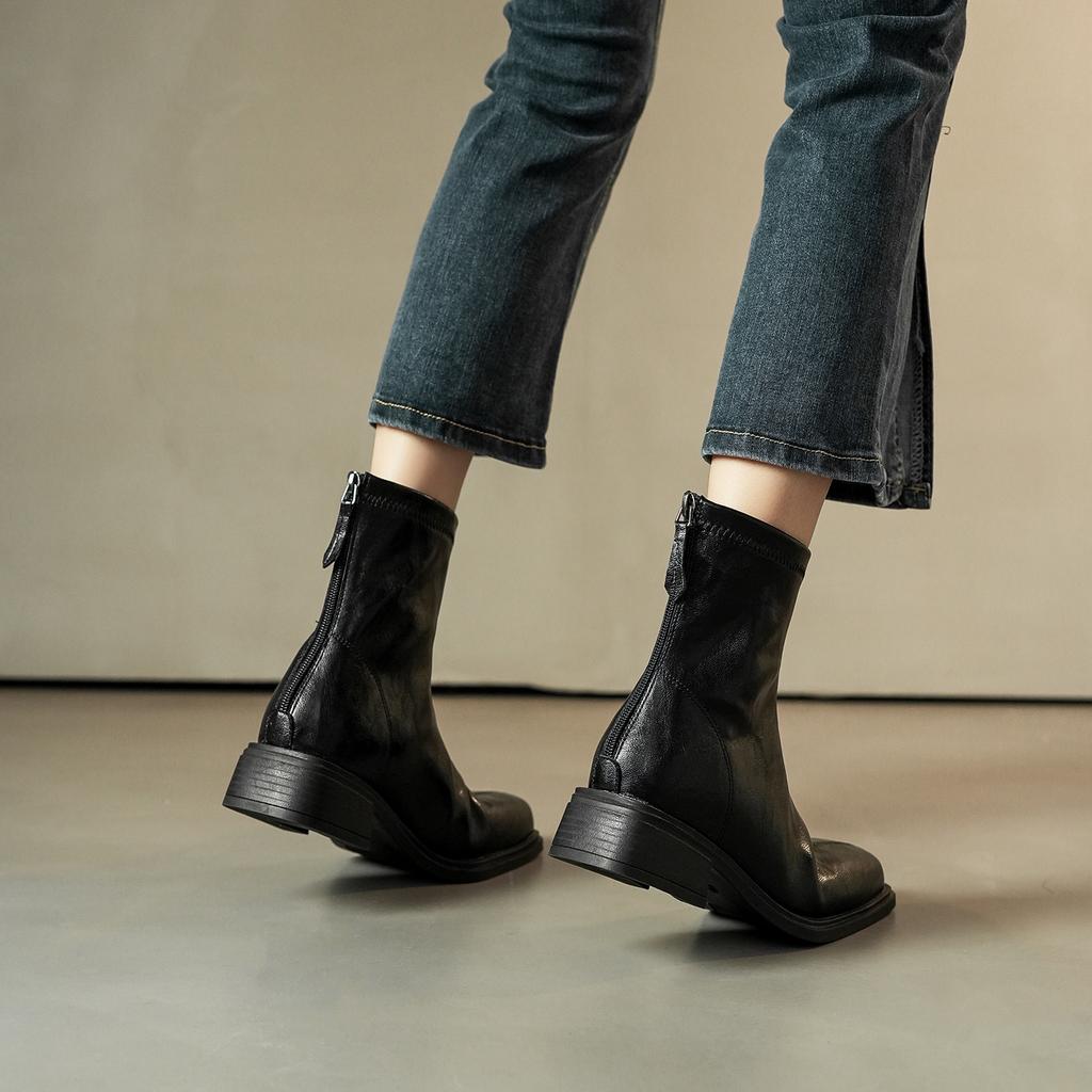 Retro square head elastic thin boots women's new thick heel short Chelsea boots versatile commuter leather boots