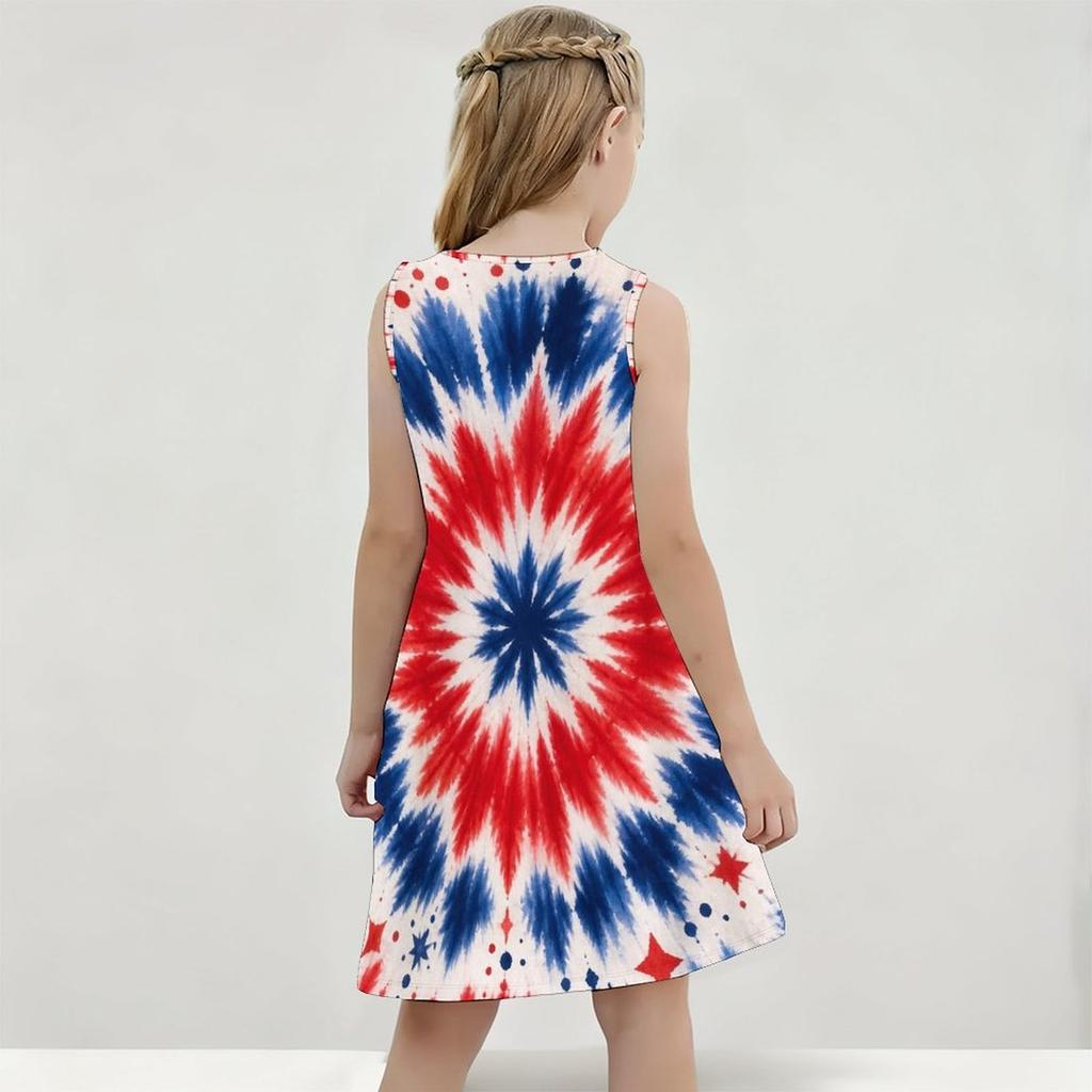 Girls Round Neck Sleeveless Navy Blue Starry Printed A Line Flared Dress