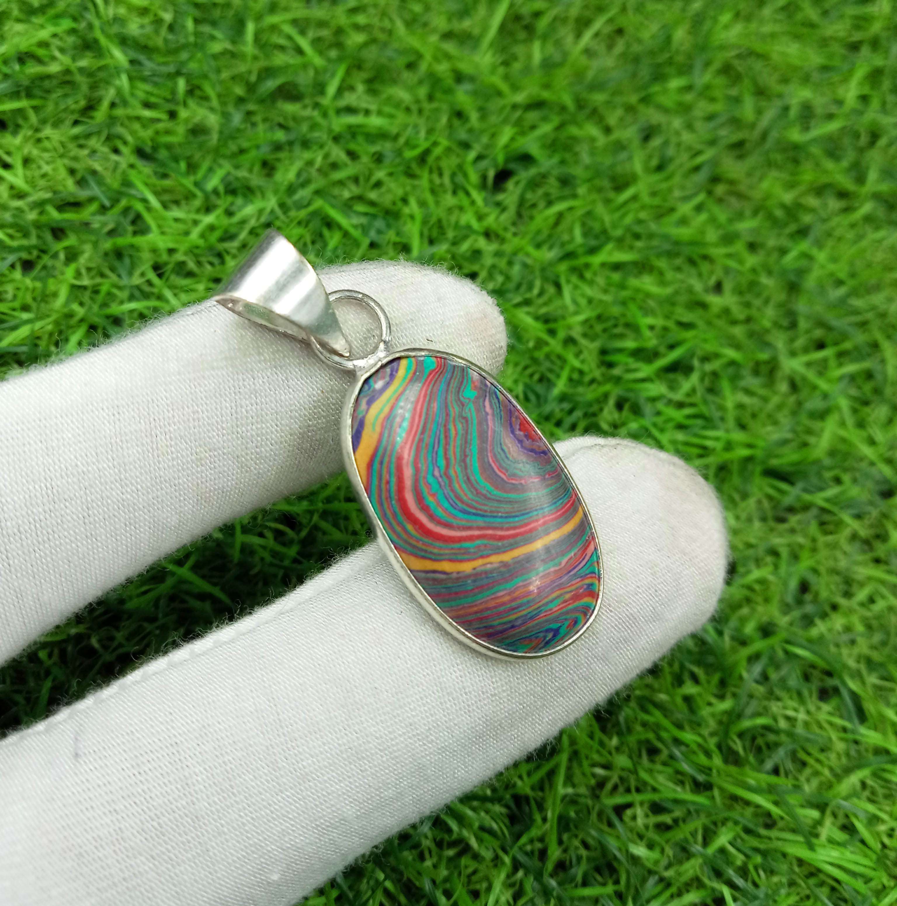 

Rainbow Calsilica Gemstone 925 Sterling Silver Plated Bezel Pendant DEP-552