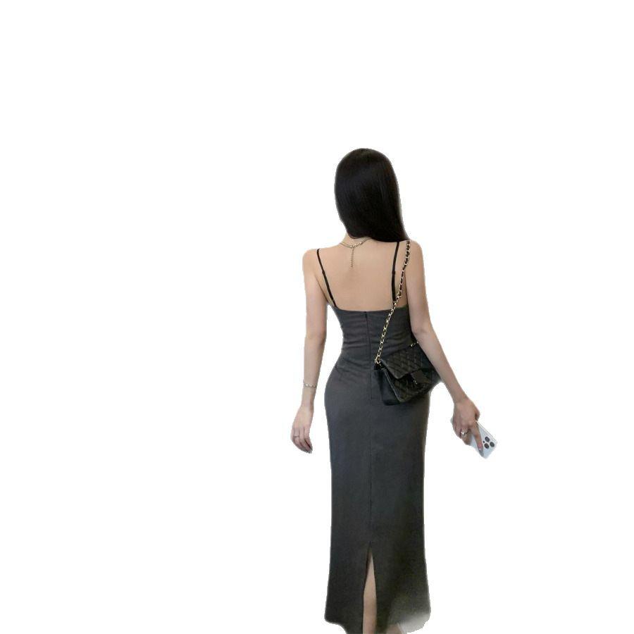 2025 Women's Petite French Gray Lace Patchwork Camisole Dress - Summer Hip-Hugging Long Dress