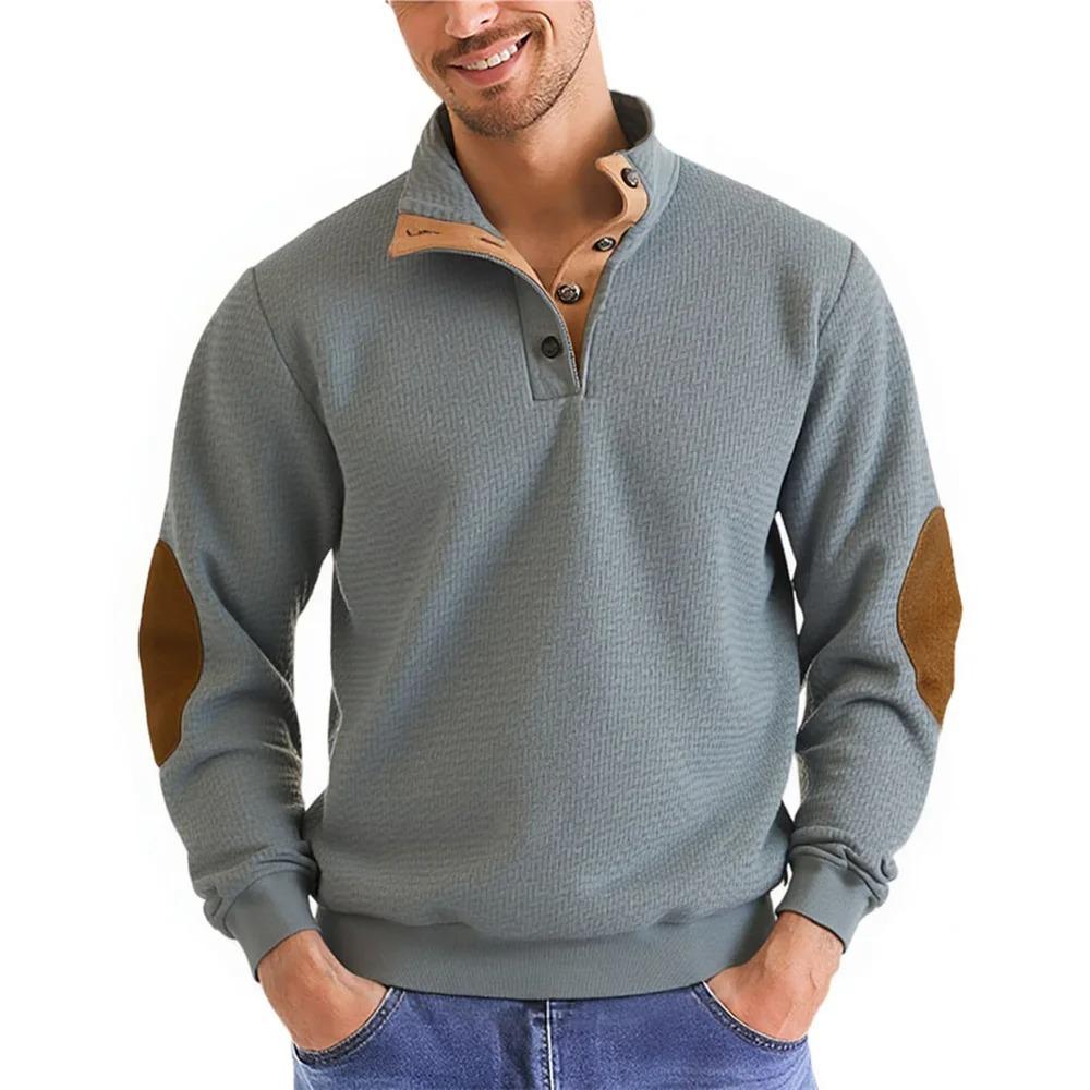 Men's Autumn Winter Casual Long Sleeve Color Block Sweatshirt with Leather Elbow Patches and Button Collar for Sports and Streetwear