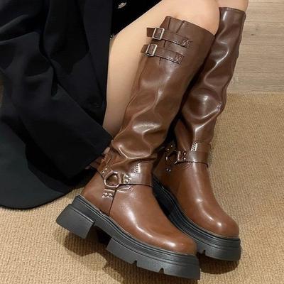 Damenstiefeletten mit dicker Sohle, 2025 Herbst und Winter neu, Retro, aber kniehoch mit Gürtelschnalle, Damen-Martinsstiefel
