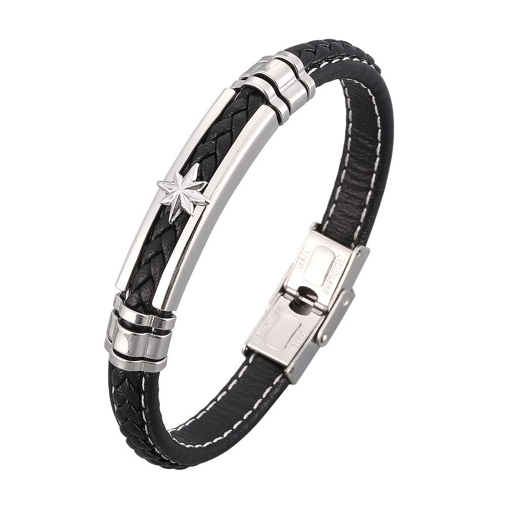 Men s Trendy Leather and Titanium Steel Bracelet: Stylish Woven Stainless Steel Design Inner Diameter 195mm [Full Length 214mm]