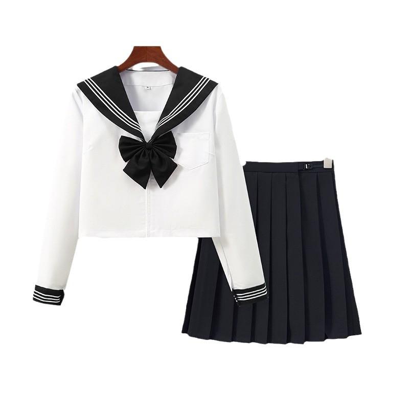 Black Collar White Sailor JK Uniform Set with Pleated Skirt