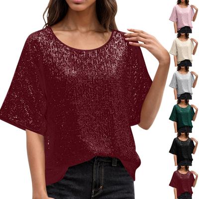 Damen T-Shirt mit Rundhalsausschnitt, schulterfrei, lockeres, modisches Kurzarm-T-Shirt