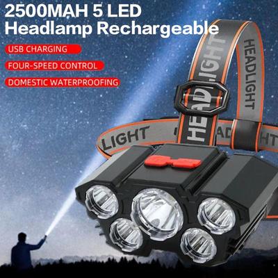 2500MAH 5 LED Headlamp Rechargeable with Built In 18650 Battery Strong Light Headlight Camping Adventure Fishing Head Light Flashlight