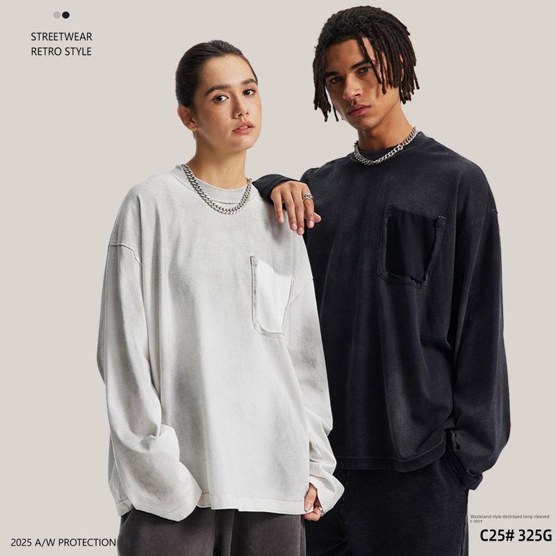 Pure Cotton Long-Sleeved Men's T-Shirt 2025 New Trendy Autumn Clothing for Teenagers Washed Round Neck Loose White Base Shirt