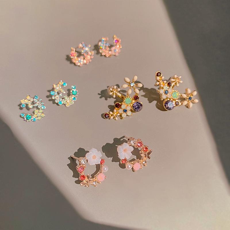 Silver Needle Diamond Flower Pearl Drop Earrings - Light Luxury, Small and Sweet Fresh Style for Women