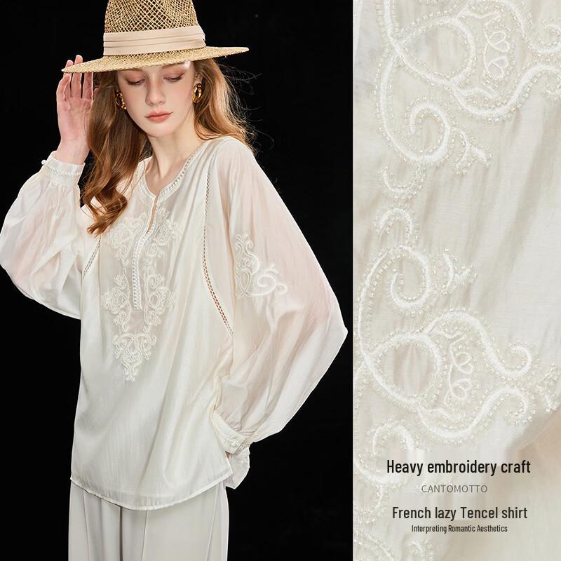 French Embroidered Tencel Long-Sleeve Shirt L