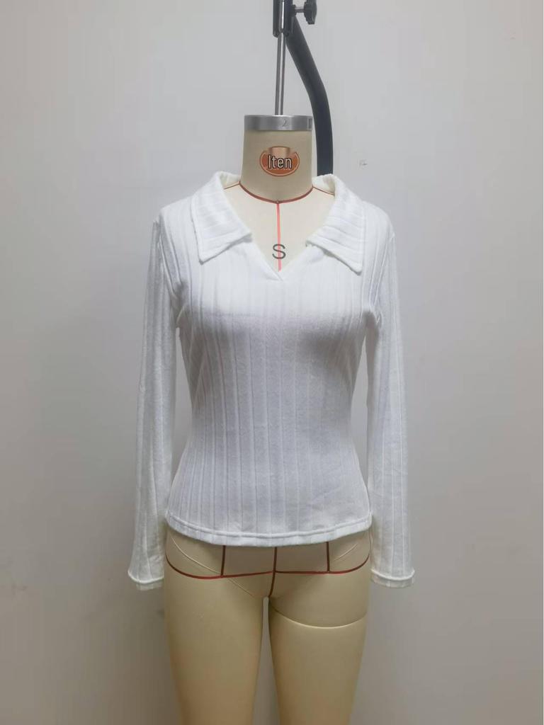 2025 Höst/Vinter Dam Enfärgad Slim Fit V-ringad Långärmad Ribbad T-shirt.