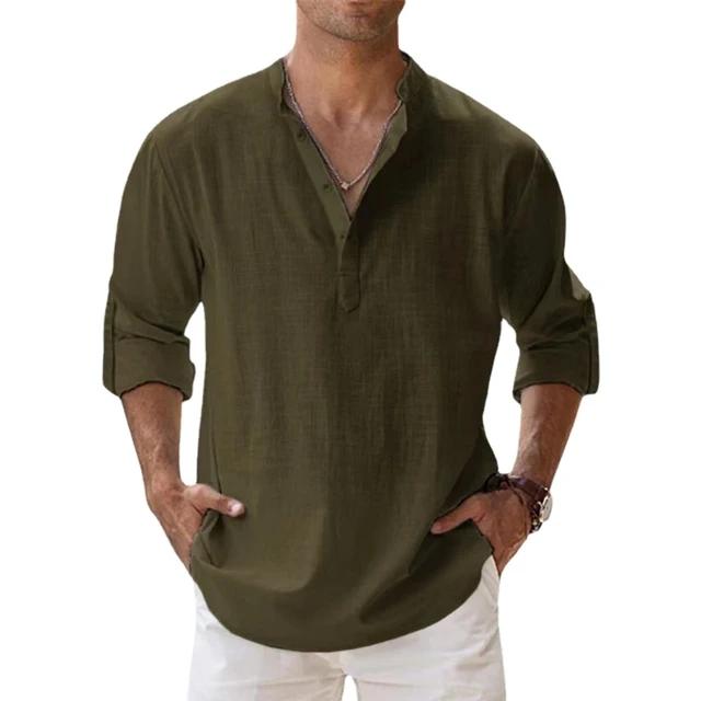 Men's Summer Large Size Casual Loose Stand Collar Solid Color Long Sleeve Shirt