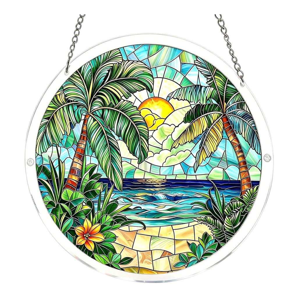 Rond Gebrandschilderd Glas Raam Hangend Paneel 15cm Diameter Boomontwerp Decoratieve Suncatcher met Metalen Ketting voor Binnenraamdecoratie