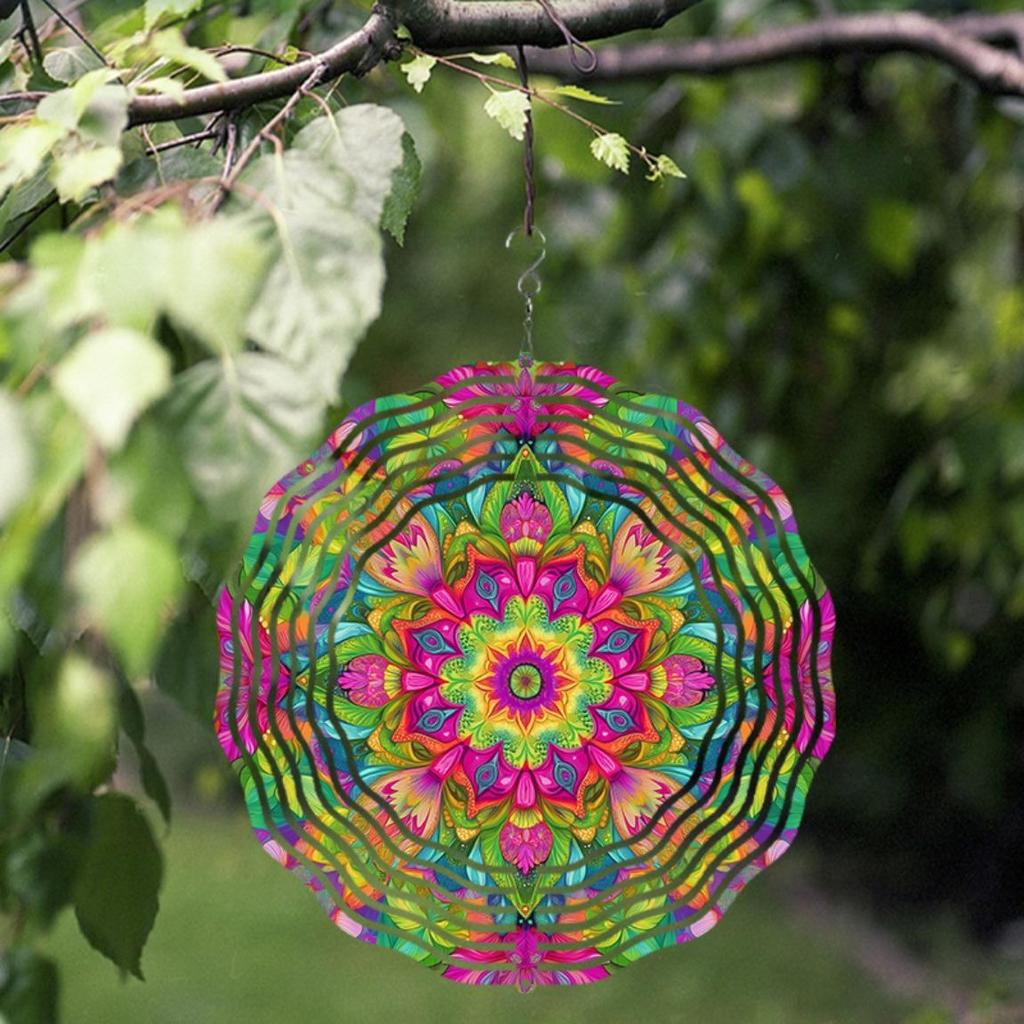 360 Degree Hook Hanging Wind Chime 25.4cm Vibrant Mandala Design Colorful Metal Garden Decor for Patio Balcony All Seasons Durable Outdoor Decor