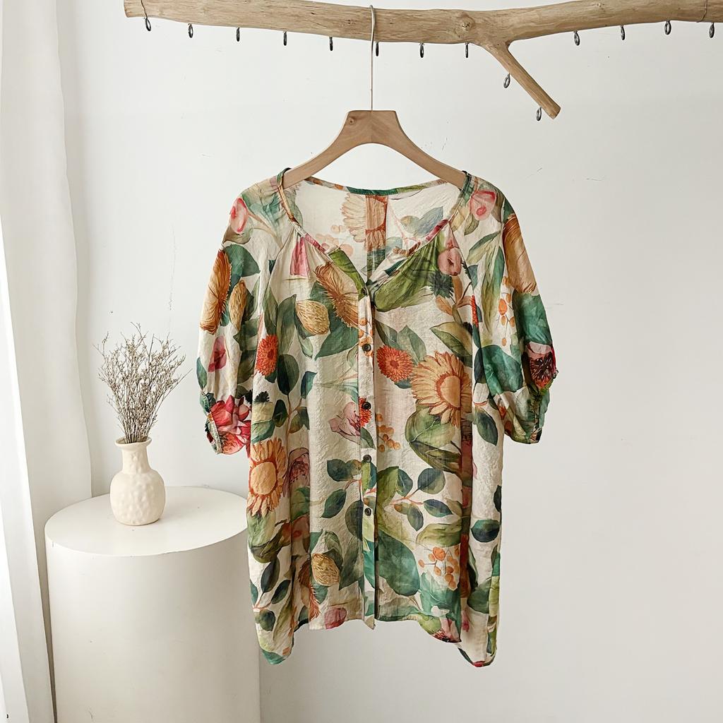 Dimanaf 2025 New Summer Women Linen T-Shirt Short Sleeve Buttons Flower Basic Fashion O-Neck Tops Tees Loose Tees