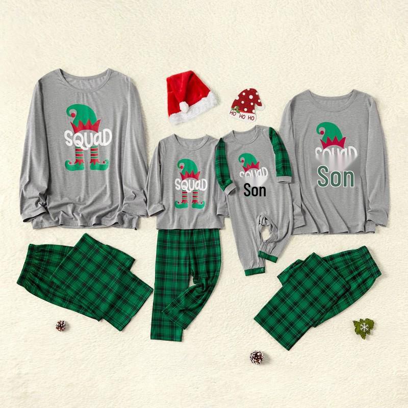 European/American Christmas Family Matching Pajamas Set - Holiday Plaid & Letter Print Long Sleeve Homewear