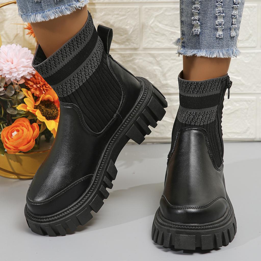 Modische Klobige Plateau Chelsea Boots für Damen 2024 Neue Mode Gestreifte Gestrickte Stiefeletten Weiblich Übergröße Herbst Winter Botas Mujer