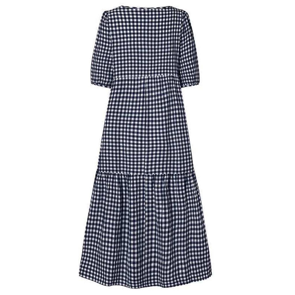 Women's Summer Casual Plaid Print Puff  Short-sleeve O-neck Big Swing Shirring Stitching Dress