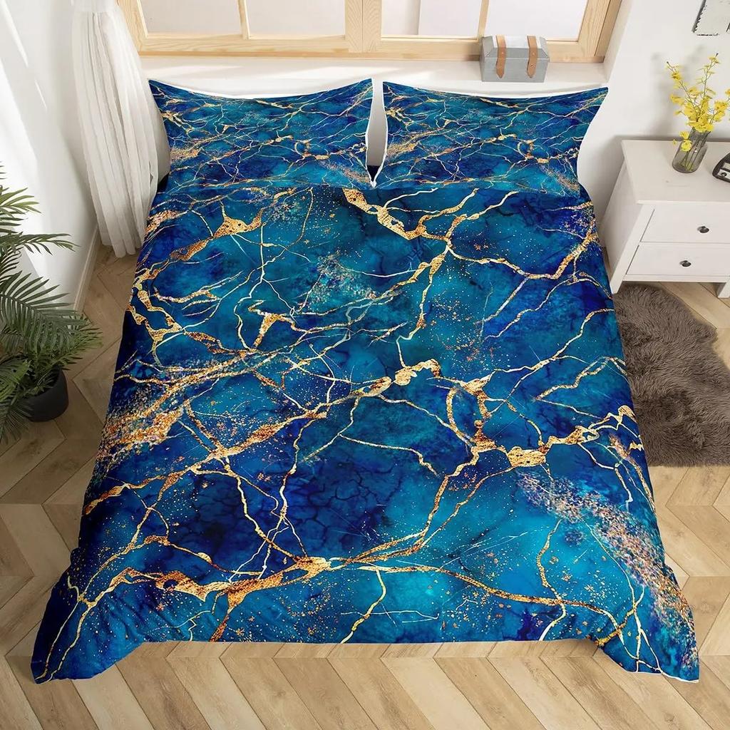 Blue Marble Duvet Cover, Geometric Comforter Cover Twin Queen Size Golden Stone Pattern Bedding Set Abstract Trippy Quilt Cover