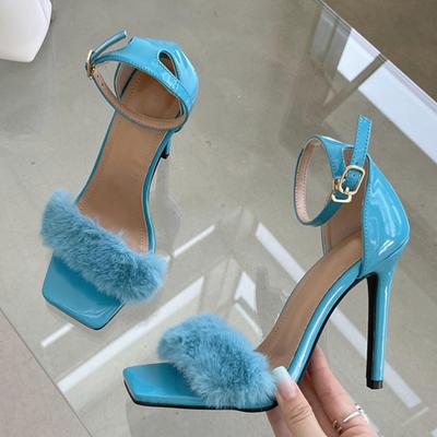 Liyke Nova Moda Azul Branco Sandálias Femininas Sexy Dedo Aberto Peludo Pele Verão Fino Salto Alto Senhoras Casamento Stripper Sapatos Stiletto