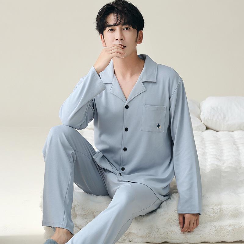 Herren Übergröße Reiner Baumwoll-Pyjama-Set - Langärmiger Cardigan für Herbst/Winter