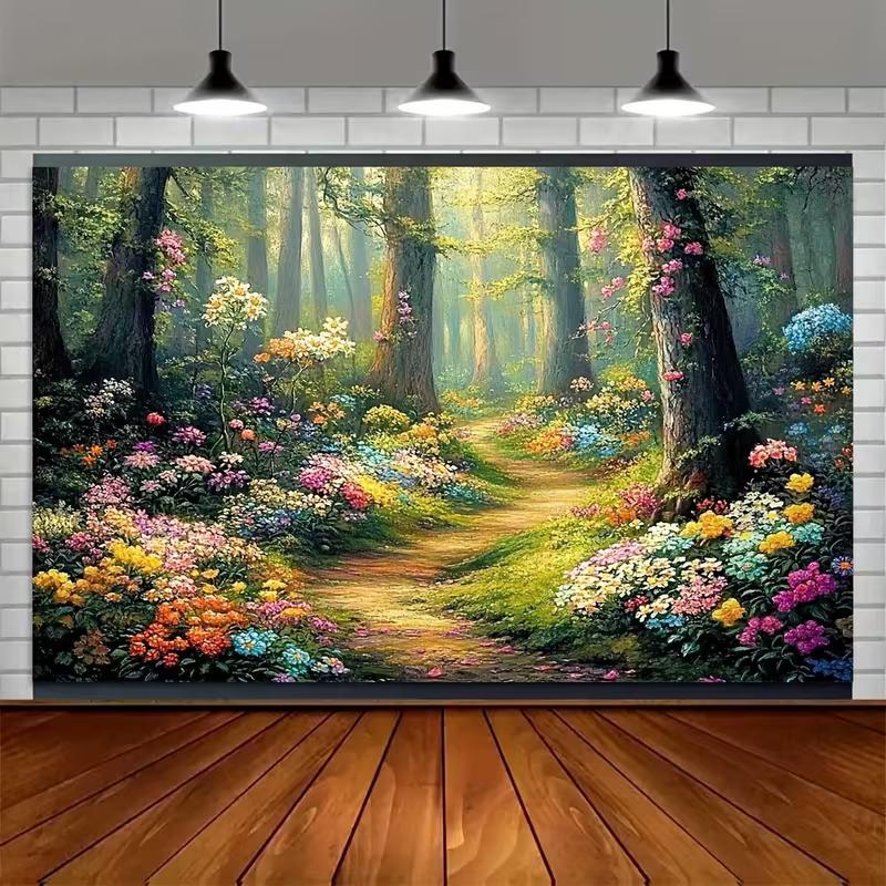 2D Fairy Tale Forest Backdrop Vibrant Flowers Path Portrait Studio Background