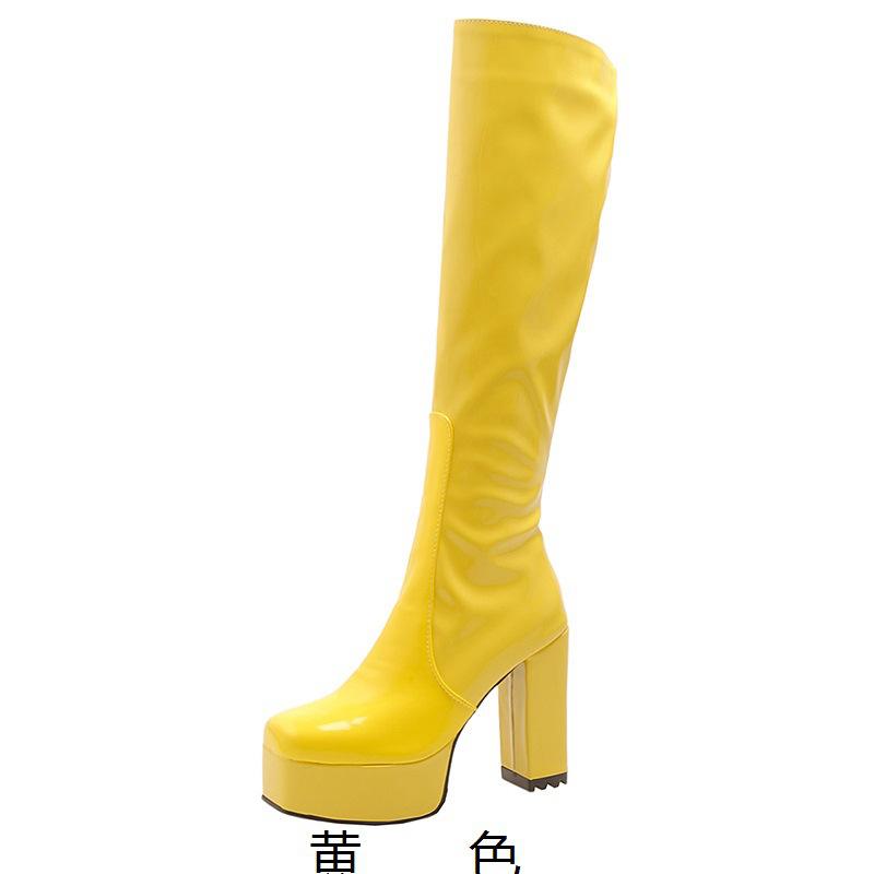 

Patent Leather 11.5CM Square Heel Knee-High Boots Platform Side Zipper Women Boots Size 34-39 Black White Yellow Green Rose Red 34 жовтий