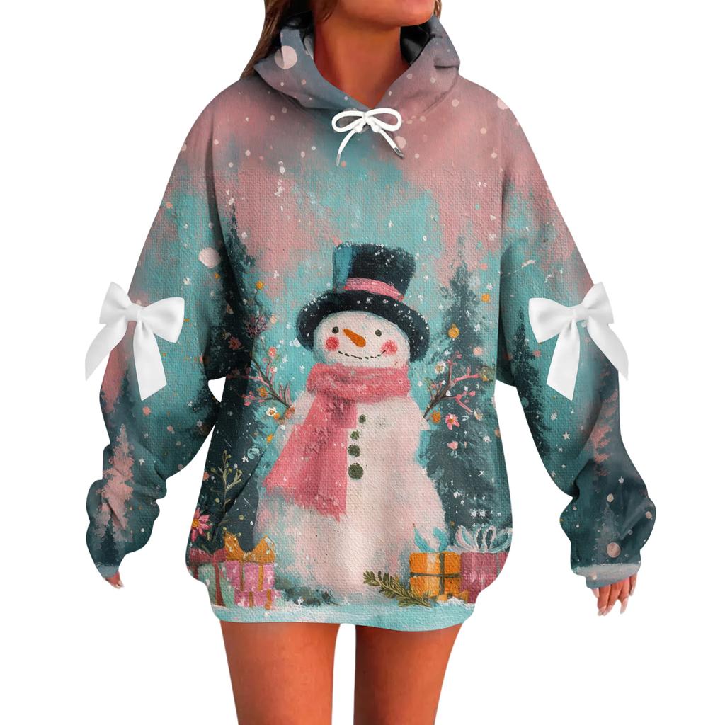 Ladies' Christmas Printed Bow Long Sleeved Loose Fitting Headband With Rope Hooded Sweatshirt Top